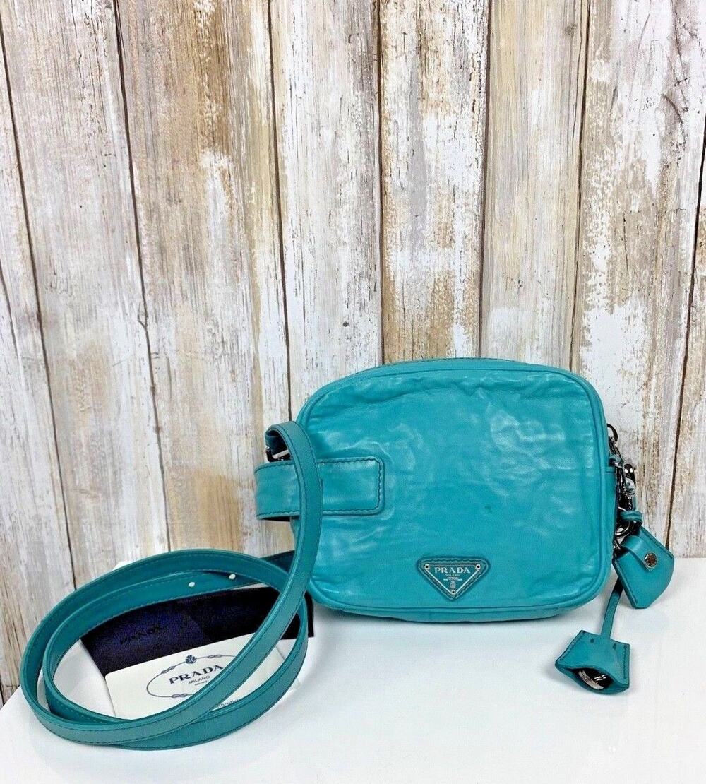 PRADA Pavone Blue Nappa Antique Leather Crossbody Camera Bag Zip Handheld RARE